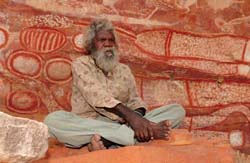 Aboriginal elder at art site; photo R Whear